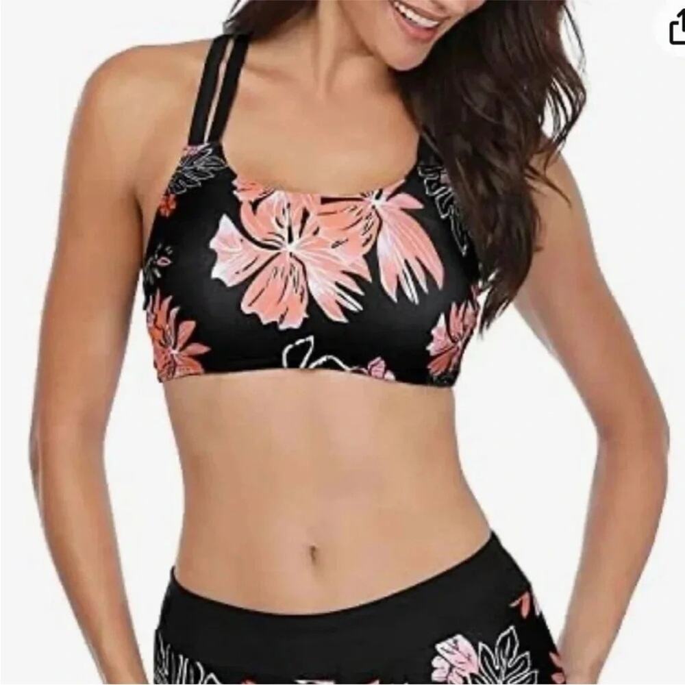 Black and Pink Floral Swim Top